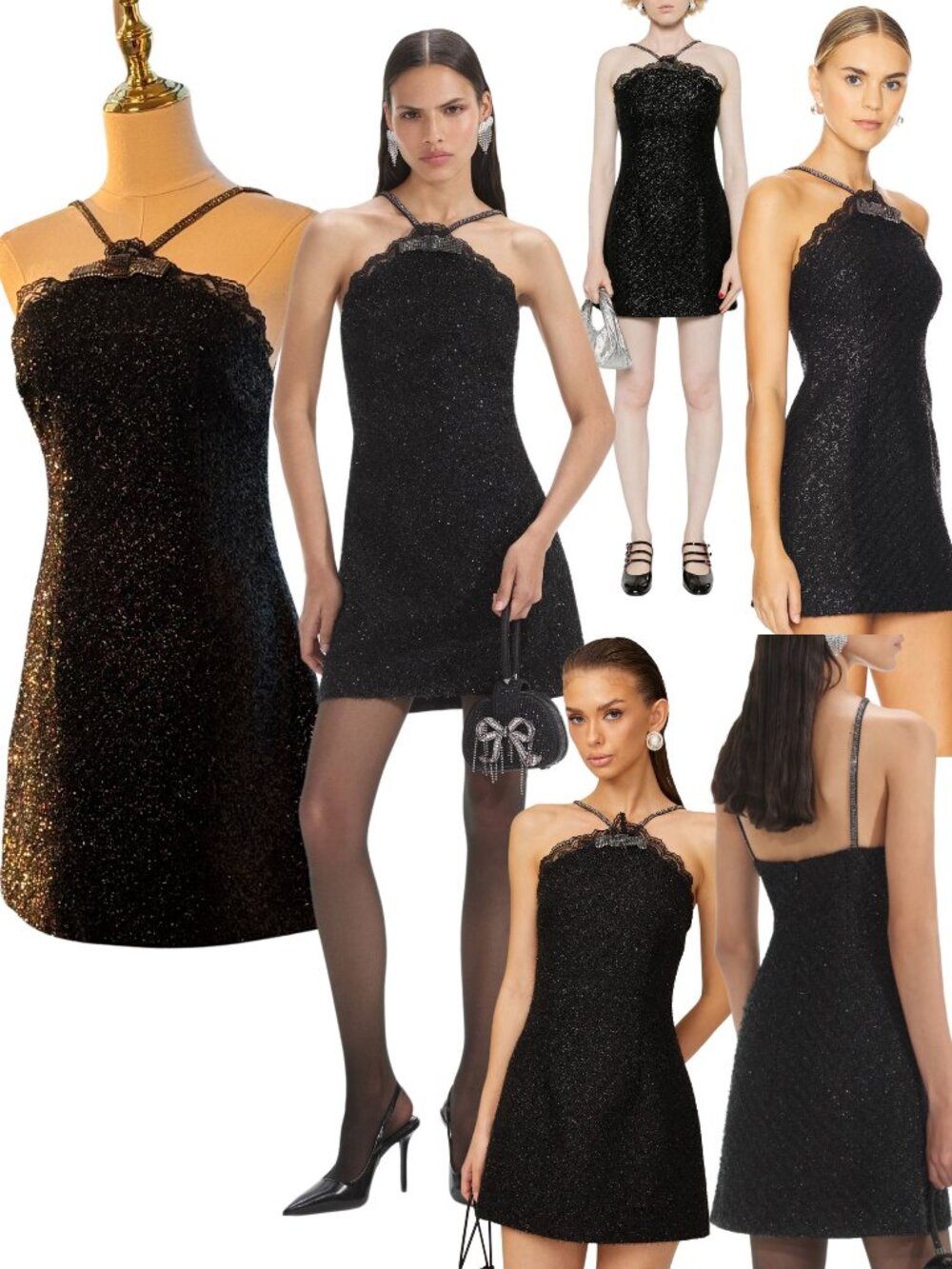 🆕 SELF-PORTRAIT 🧿 NWOT Black Tinsel Boucle Halter Mini Dress, Sz UK 10 US 6
